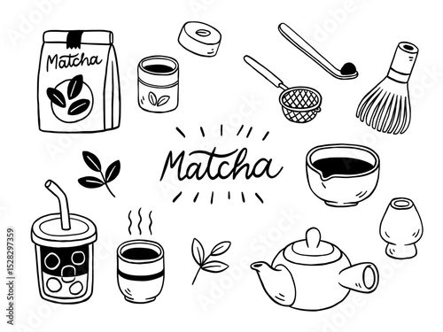 Hand Drawn Matcha Tea Set Collection – Japanese Style Line Art Illustration