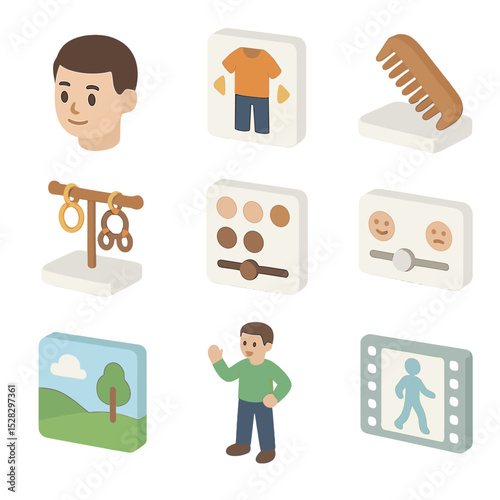 Avatar Customization Icons. Isometric Flat icon set of avatar customization options: character head, outfit selector, hairstyle