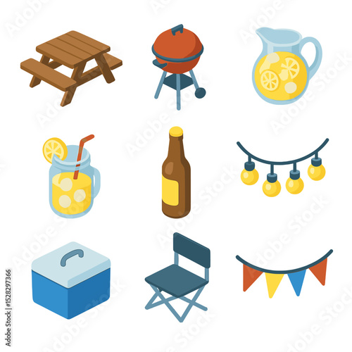 Backyard BBQ Icon Set. Isometric Flat icon set of Backyard BBQ and drinks: picnic table, grill, lemonade pitcher, mason jar, beer