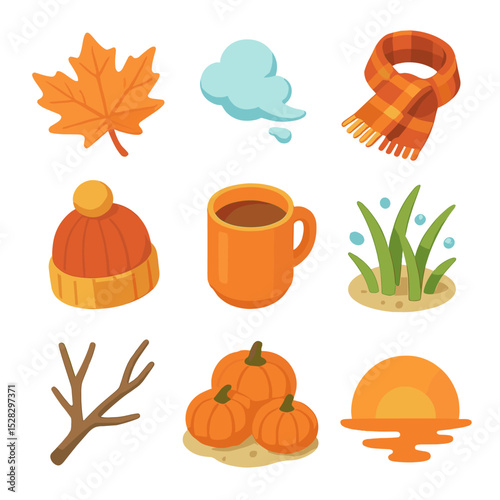 Autumn Morning Icons. Isometric Flat icon set of Crisp autumn morning: fallen maple leaf, breath cloud, plaid scarf, wool hat,