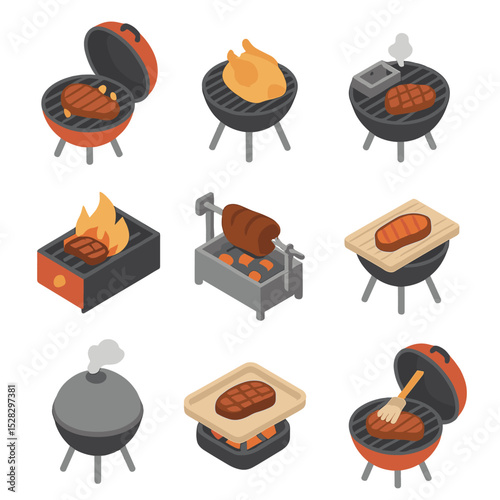 Barbecue Cooking Icons. Isometric Flat icon set of barbecue cooking techniques: direct grilling, indirect grilling, smoking box,