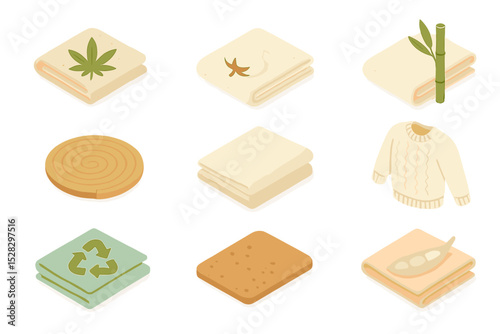 Biodegradable Textiles Icons. Isometric Flat icon set of biodegradable textiles: hemp fabric, organic cotton, bamboo cloth, jute