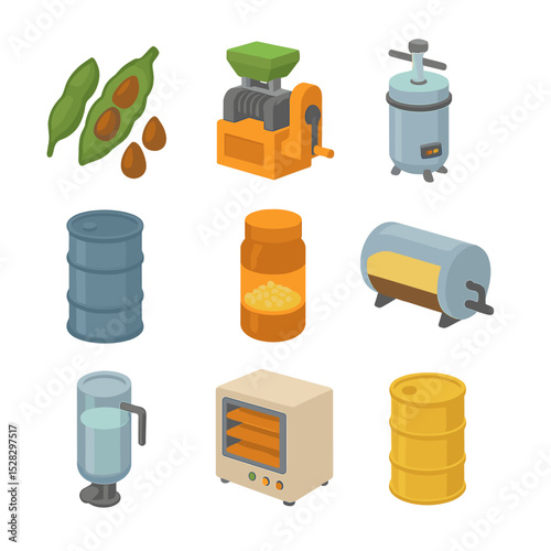 Biodiesel Production Icons. Isometric Flat icon set of Biodiesel production from vegetable oils: oilseed pods, crushing press,