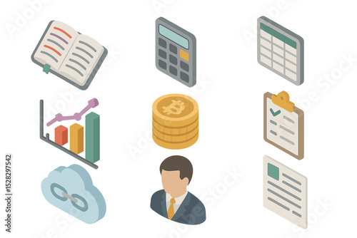 Blockchain Accounting Tools. Isometric Flat icon set of Blockchain accounting tools: ledger book, calculator, spreadsheet, chart
