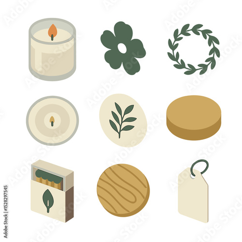 Botanical Candle Icon Set. Isometric Flat icon set of botanical candle jar label: glass jar candle, flower silhouette, leaf wreath