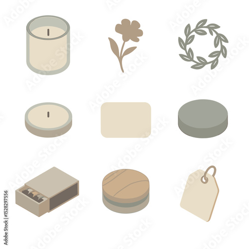 Botanical Candle Icon Set. Isometric Flat icon set of botanical candle jar label: glass jar candle, flower silhouette, leaf wreath