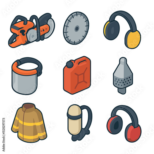 Breaching Tools Icons. Isometric Flat icon set of Breaching with power saws: rotary saw, concrete blade, ear protection, face