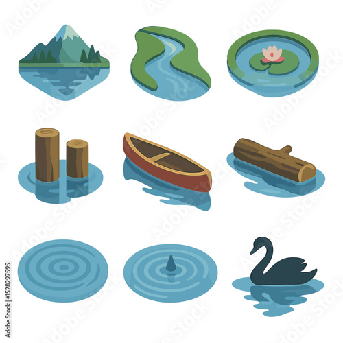 Calm Water Reflections. Isometric Flat icon set of calm water reflections: mountain lake, river bend, pond lily pad, dock pilings,