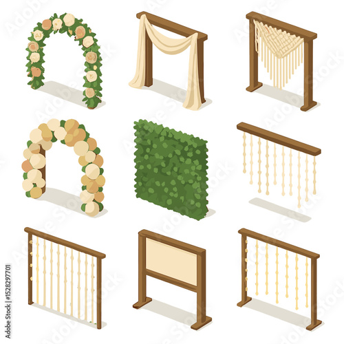 Ceremony Backdrop Icons. Isometric Flat icon set of ceremony backdrops: floral arch, fabric drape, macramé arch, greenery wall,