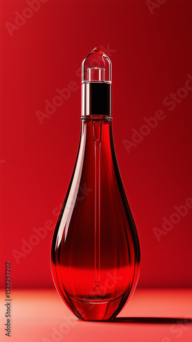 Close-up of red bottle, gracefully rotating, high resolution showing detailed design of bottle and label, photographed in Parisian fashion ad style, with ultra-clean background, editorial style, no le