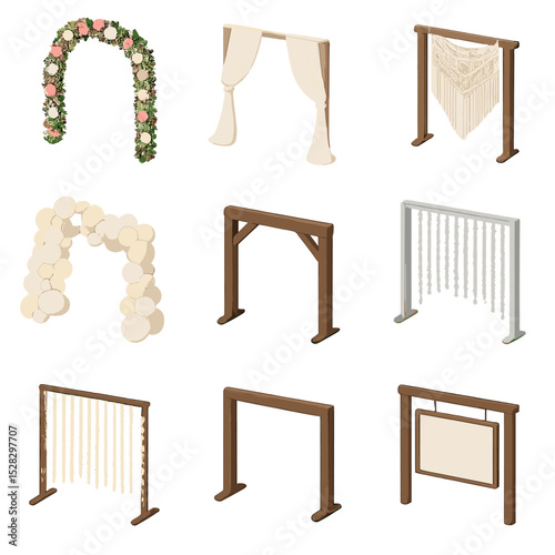 Ceremony Backdrop Icons. Isometric Flat icon set of ceremony backdrops: floral arch, fabric drape, macramé arch, greenery wall,
