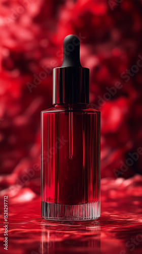 Close-up of red bottle, gracefully rotating, high resolution showing detailed design of bottle and label, photographed in Parisian fashion ad style, with ultra-clean background, editorial style, no le