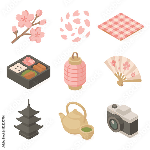 Cherry Blossom Icons. Isometric Flat icon set of cherry blossom festivals: cherry branch, petal swirl, picnic mat, bento box,