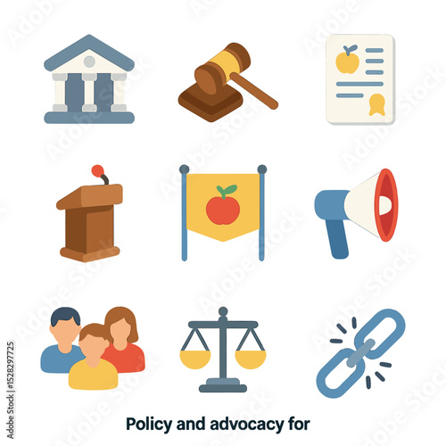 Child Nutrition Advocacy Icons. Isometric Flat icon set of Policy and advocacy for child nutrition: government building, law gavel