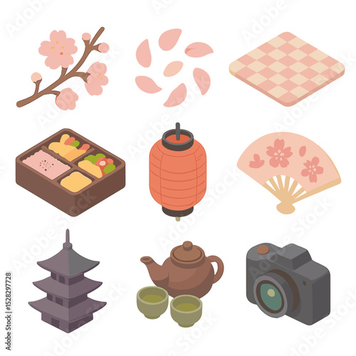 Cherry Blossom Icons. Isometric Flat icon set of cherry blossom festivals: cherry branch, petal swirl, picnic mat, bento box,