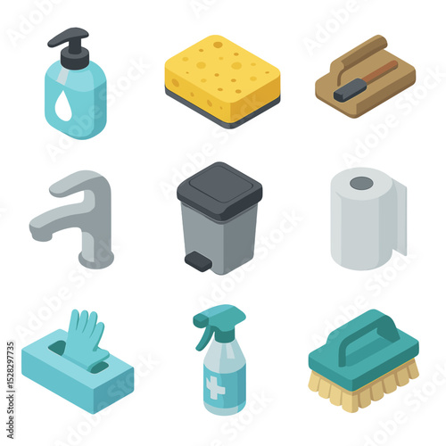 Cleaning Tools Icons. Isometric Flat icon set of paint cleanup tools: soap dispenser, sponge, brush rest, sink faucet, waste bin,