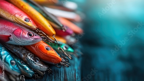 A vibrant array of fishing lures captures attention with their colorful details and variety. Great for showcasing recreational fishing gear and outdoor activities.