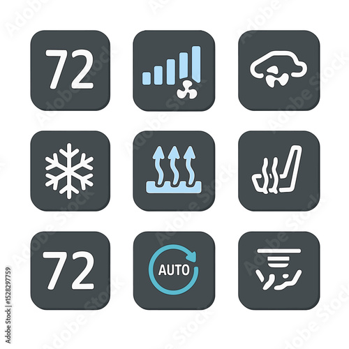 Climate Control Icons. Isometric Flat icon set of Climate Control Displays: temperature setpoint, fan speed bars, air