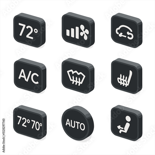 Climate Control Icons. Isometric Flat icon set of Climate Control Displays: temperature setpoint, fan speed bars, air
