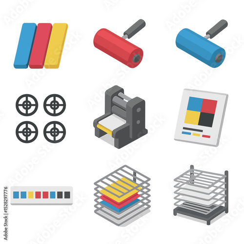CMYK Printing Icons. Isometric Flat icon set of printing process colors: CMYK color bars, red ink roller, blue ink roller, yellow