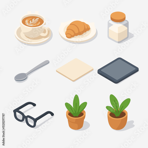 Coffee Break Icons. Isometric Flat icon set of Coffee catch-up meet-up: coffee cup, latte art, pastry plate, sugar jar, spoon,