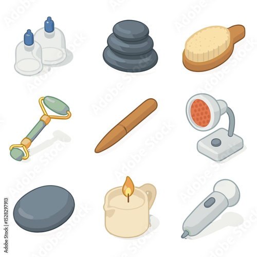 Complementary Therapies Icon Set. Isometric Flat icon set of complementary therapies: cupping set, hot stone set, dry brush, jade
