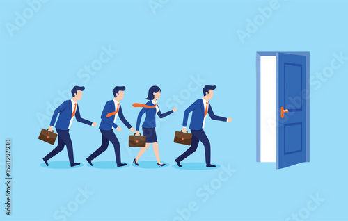 Flat illustration of Businesspeople Hurrying Towards an Open Door A Visual Metaphor for Career Advancement, Opportunity, and Success in the Corporate World