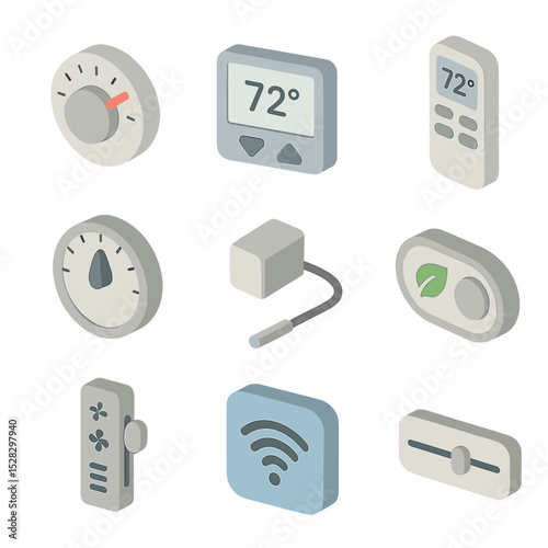 Control Interface Icons. Isometric Flat icon set of control interfaces: analog thermostat dial, digital display panel, remote
