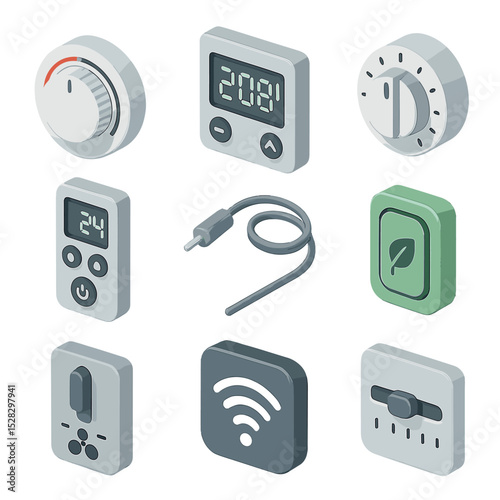 Control Interface Icons. Isometric Flat icon set of control interfaces: analog thermostat dial, digital display panel, remote