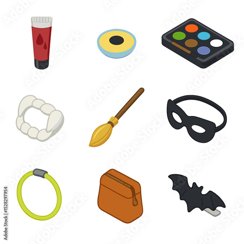 Costume Accessories Icons. Isometric Flat icon set of costume accessories: fake blood tube, colored contact lens, face paint