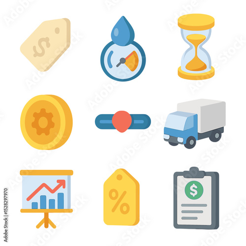 Cost Estimation Icons. Isometric Flat icon set of cost estimation factors: paper cost tag, ink droplet meter, press hourglass,