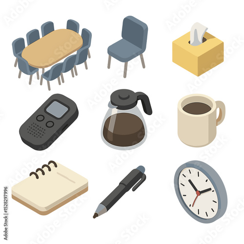 Crisis Meeting Icons. Isometric Flat icon set of Crisis Debriefing Meeting: conference table, chairs, tissue box, recorder device,