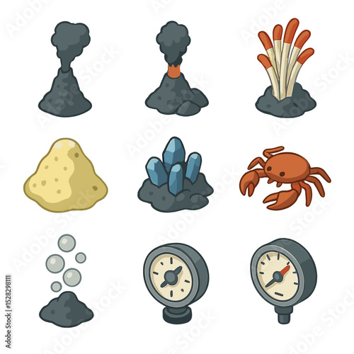 Deep-Sea Icons Grid. Isometric Flat icon set of deep-sea hydrothermal vents: vent chimney, superheated plume, tube worm cluster,