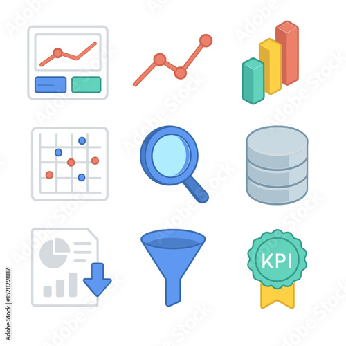 Data Analytics Icon Set. Isometric Flat icon set of Data Analytics and Insights: dashboard graph, trend line, histogram bars,