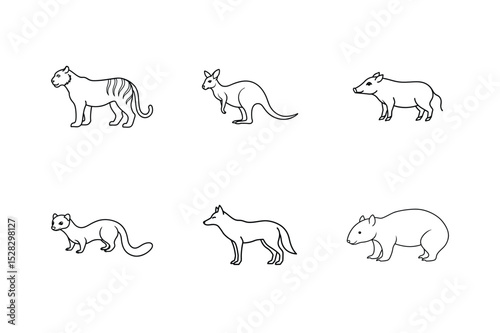 Wild animal line art set with forest creatures drawn outline vector illustration.