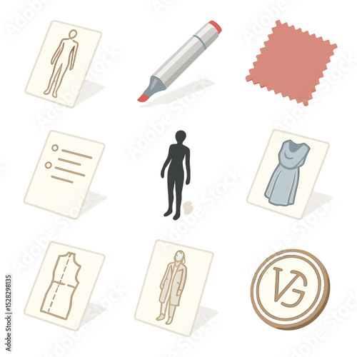 Designer Icon Set. Isometric Flat icon set of designer sketch elements: fashion croquis, color marker, fabric swatch sample,