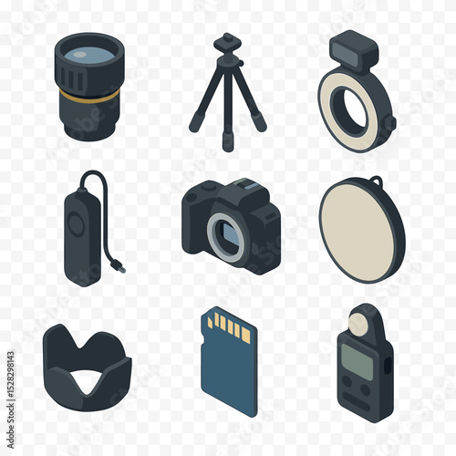 Dew Photography Gear Icons. Isometric Flat icon set of dew photography gear: macro lens, tripod, ring flash, shutter release,