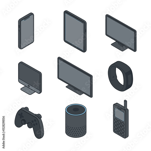 Device Usage Icon Grid. Isometric Flat icon set of Device usage patterns: smartphone screen, tablet device, laptop computer,
