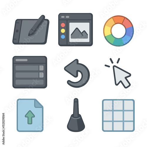 Digital Art Icon Set. Isometric Flat icon set of Digital Drawing Introduction: tablet with stylus, art app interface, color wheel,