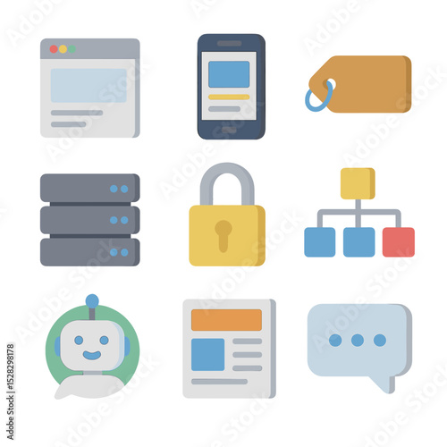 Digital Essentials Icons. Isometric Flat icon set of online presence essentials: website browser window, mobile responsive screen,