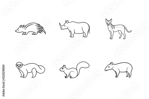 Wild animal line art collection of woodland mammals and beasts vector illustration.