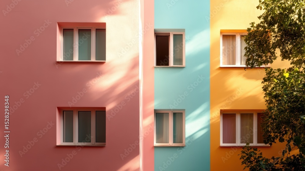 Fototapeta premium A visually striking image of a building with contrasting pastel colors, beautifully illuminated by sunlight, emphasizing the cheerful and vibrant architectural design.