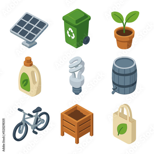 Eco-Living Icon Set. Isometric Flat icon set of Sustainable eco-living: solar panel, recycling bin, green plant, eco detergent