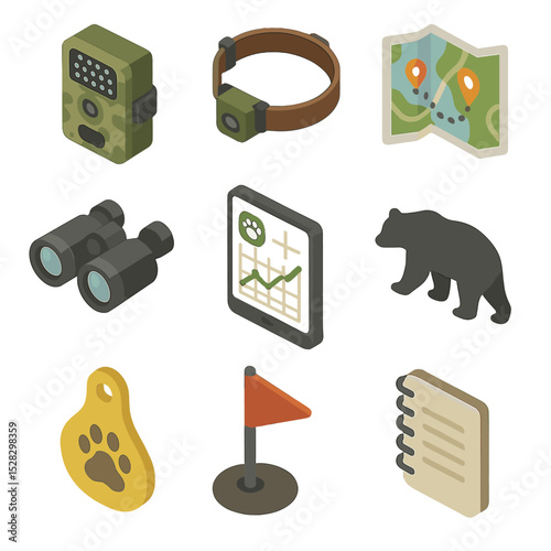 Endangered Species Monitoring Icons. Isometric Flat icon set of Endangered species monitoring: camera trap, GPS collar, tracking