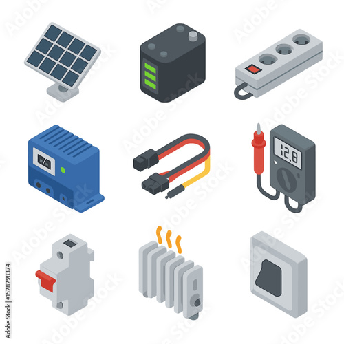 Energy Management Icons. Isometric Flat icon set of Power and energy management: solar panel array, rechargeable battery pack,
