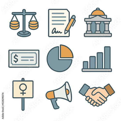 Equal Pay Icons. Isometric Flat icon set of Equal pay legislation milestones: balanced scales with coins, signed contract,