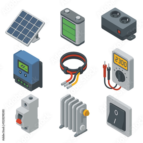 Energy Management Icons. Isometric Flat icon set of Power and energy management: solar panel array, rechargeable battery pack,