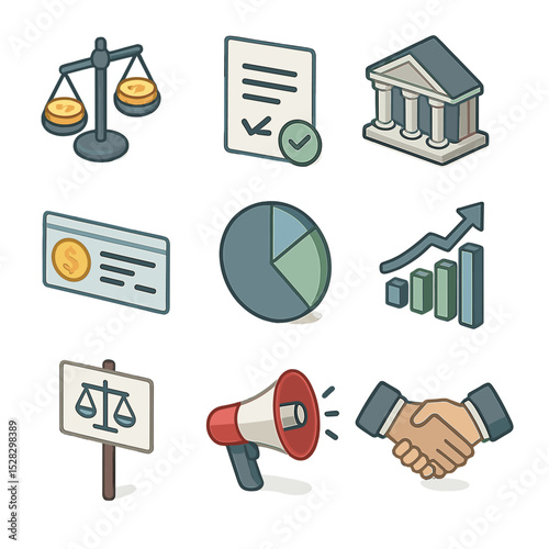 Equal Pay Icons. Isometric Flat icon set of Equal pay legislation milestones: balanced scales with coins, signed contract,