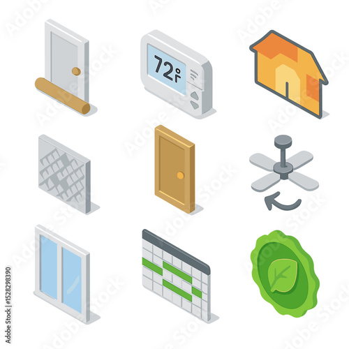 Energy Efficiency Icons. Isometric Flat icon set of energy-saving tips: draft stopper, programmable thermostat, zone heating map,