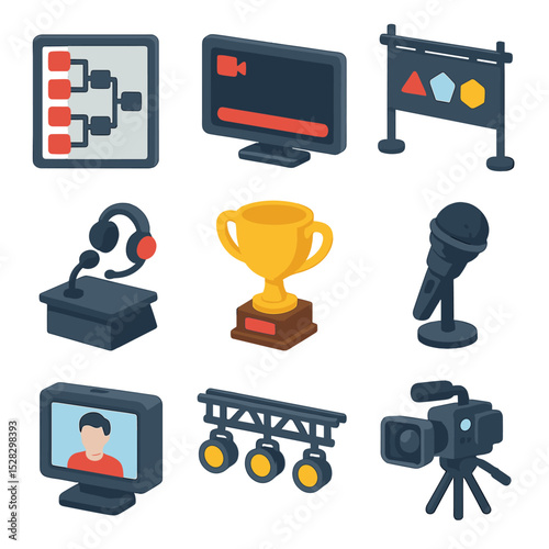 Esports Icon Set. Isometric Flat icon set of esports event elements: tournament bracket chart, live stream overlay, sponsor banner